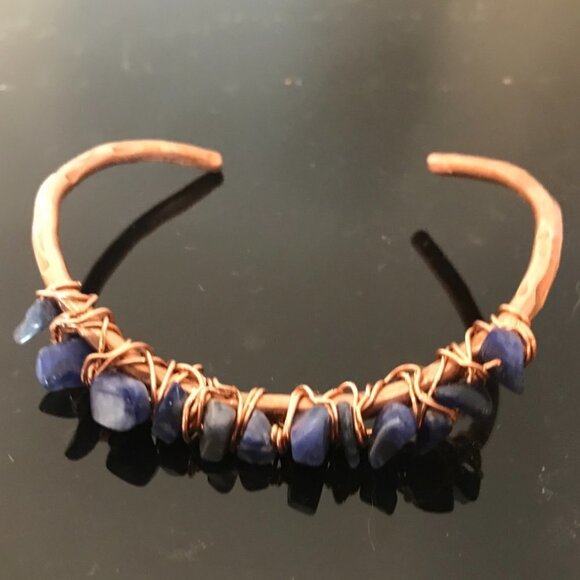 Sodalite Gemstone Wrapped Copper Cuff Bracelet - Picture 1 of 8